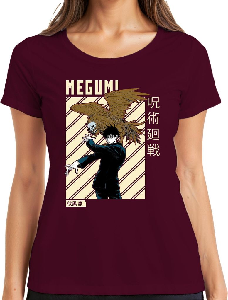 MEGUMI Jujutsu Kaisen 呪術廻戦 Fushiguro Shikigami Anime Ästhetik Damen T-Shirt, Burgundy, XXL