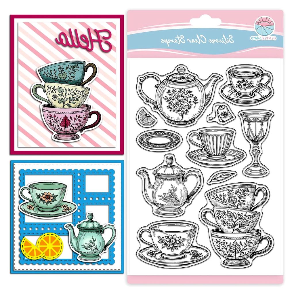 Teetasse und Teekanne transparente Stempel für Scrapbooking mit Blumenmotiven