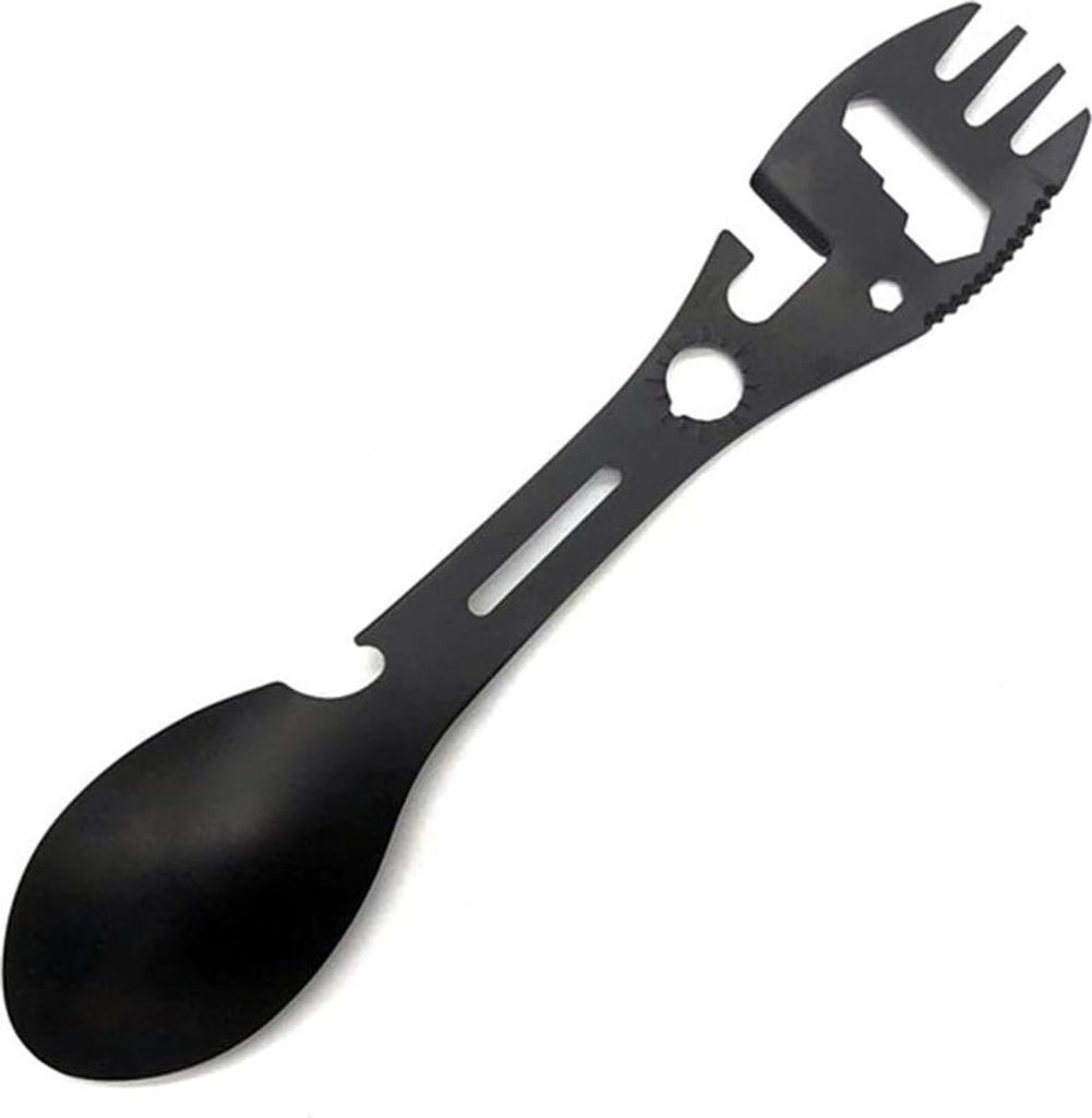 Multifunktionale RVS Spork mit Cutter und Flaschenöffner für Camping und Wandern (Schwarz)