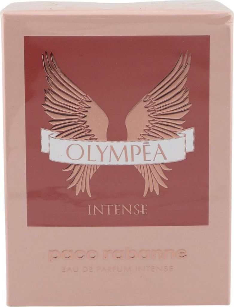 Rosa schimmernde Parfumverpackung von Olympea Intense mit goldenen Flügeln und Schriftzug auf der Vorderseite, freigestellt vor weißem Hintergrund.