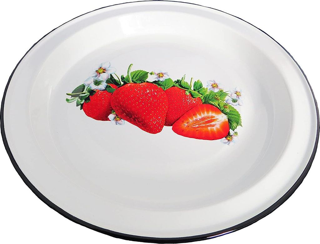 Emaille Tablett Serviertablett RUND 2 Liter ca 36,5 cm Durchmesser Erdbeeren