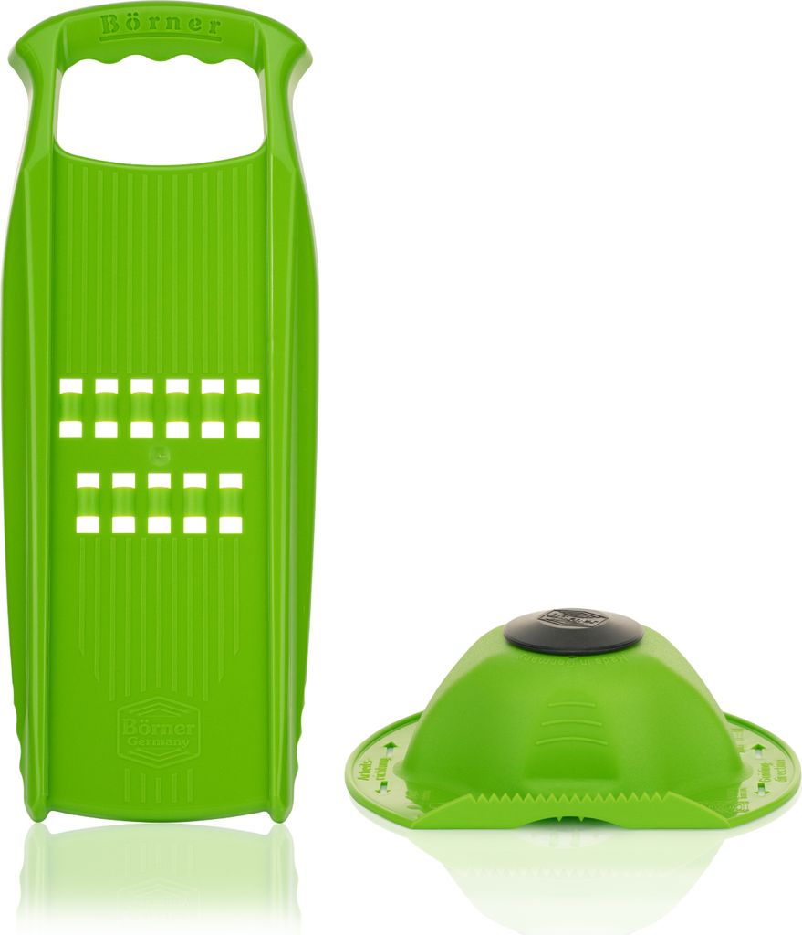 Börner Rösti Powerline Reibe Schweizer Rösti Gemüsehobel Gemüsereibe Küchenhelfer Kartoffelschneider mit Fruchthalter, Farbe:Grün