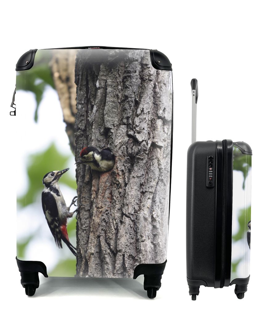 MuchoWow Koffer Handgepäck Trolley Rollkoffer Kleine Reisekoffer mit 4 Rollen - Ein Buntspecht füttert seine Jungen - Cabin Size < 55x40x23 cm ...