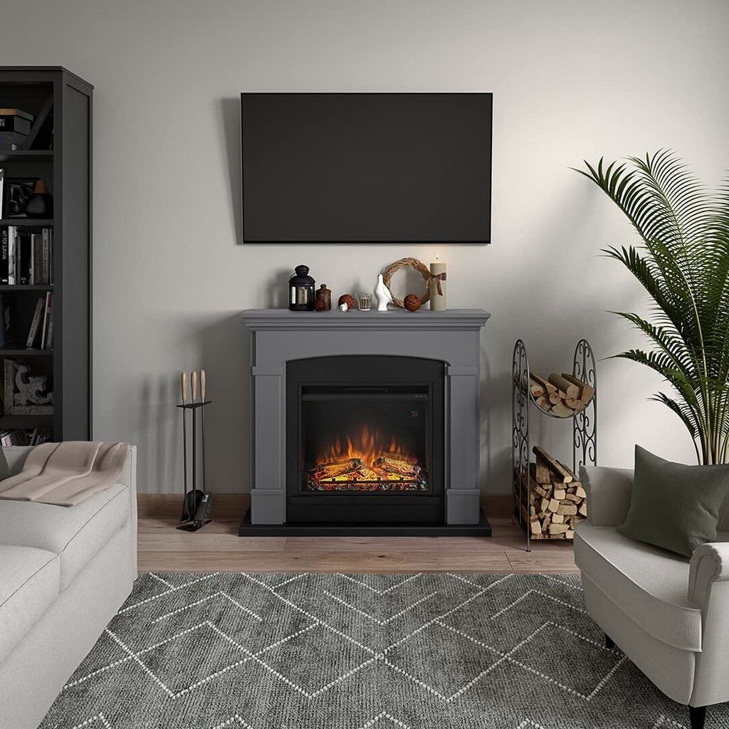 TAGU Helmi grau Elektrokamin mit 23 Zoll Powerflame Elektrischer Kamin 1500W 7 Tage programmierbar Digitaler Thermostat Fernbedienung