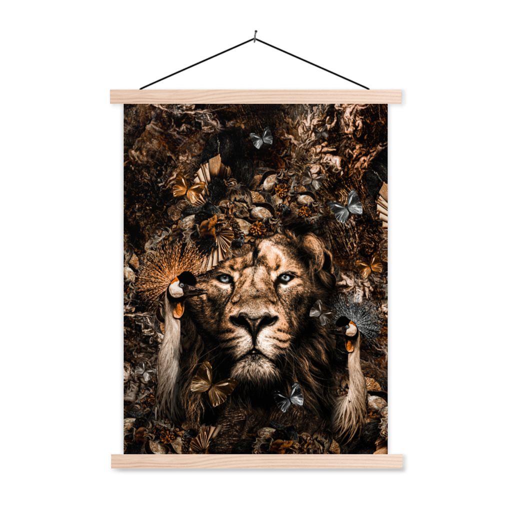 MuchoWow Textilposter Löwe - Luxus - Vögel 120x160 cm mit holzfarbenen Rahmen - Plakatkarton