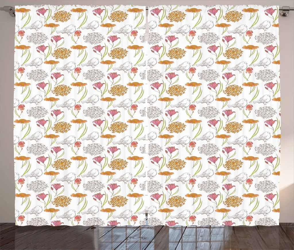 ABAKUHAUS Tenda rustica con motivi floreali, fogliame primaverile, tenda con passanti e ganci per camera da letto, 280 x 245 cm, multicolore