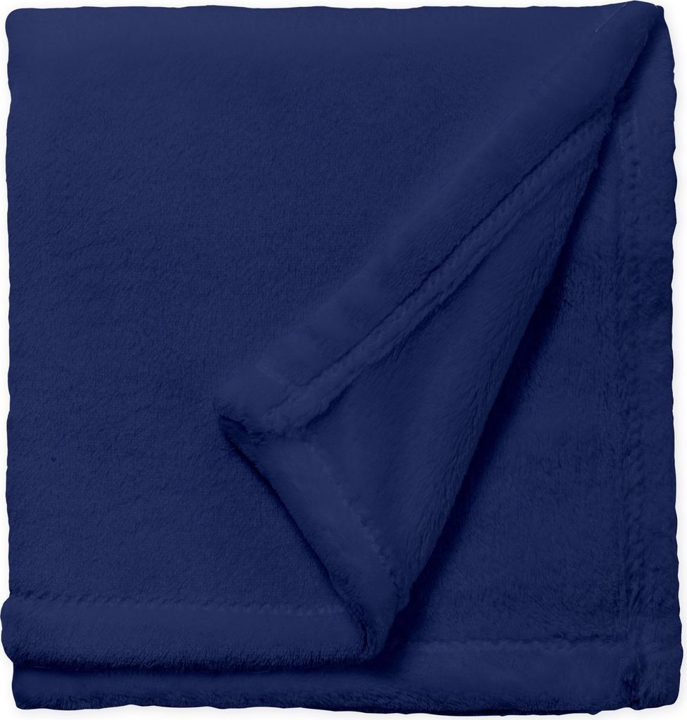 A folded dark blue fleece blanket.