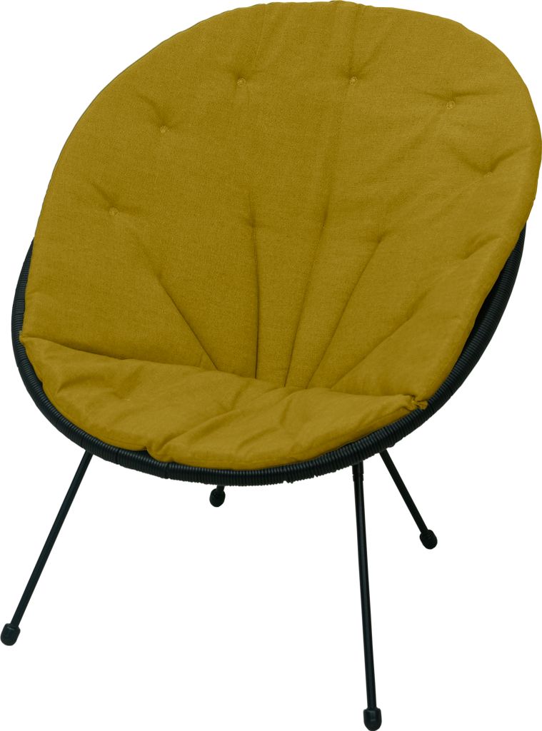 A yellow cushion on a black chair with black legs against a white background.