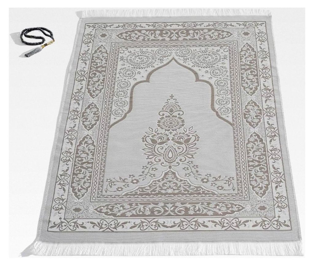 Gebetsteppich mit Tasbih – Islamisches Geschenk-Set – Reise-Gebetsteppich – Grau