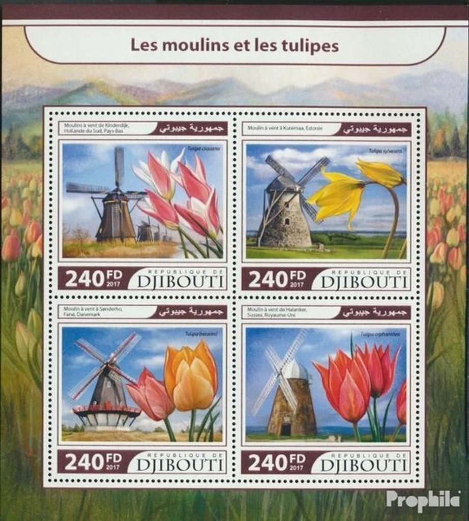 Briefmarken Dschibuti 2017 Mi 1553-1556 Kleinbogen (kompl. Ausg.) postfrisch Windmühlen und Tulpen