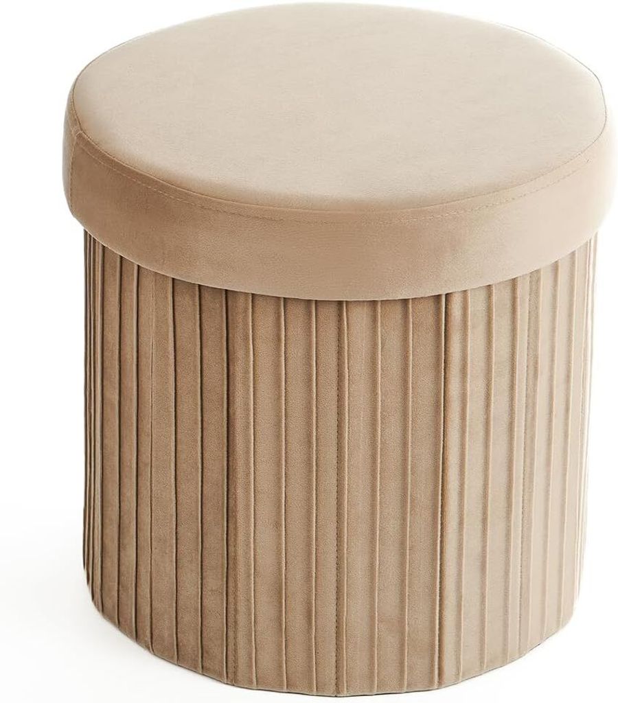 Theo Cleo Runder Samt Aufbewahrungshocker,Sitzhocker mit Stauraum,Samthocker,Polsterhocker Rund,Fußstütze Hocker,38X36cm 36L (Beige)