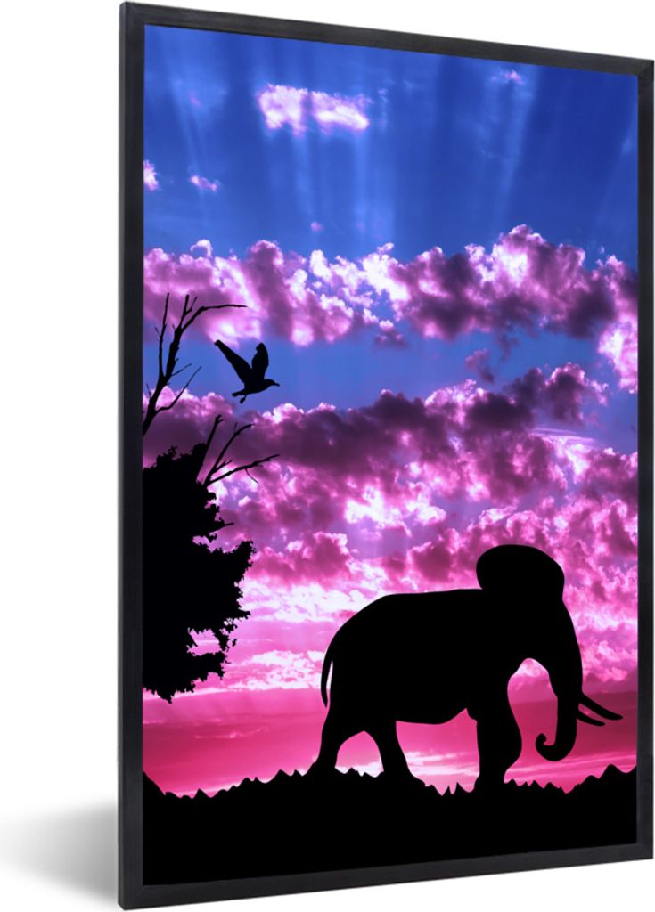 MuchoWow MuchoWow Gerahmtes Poster Elefant - Vogel - Lila - Rosa 40x60 cm - Poster mit zchwarzem Bilderrahmen - Papierdruck - Wandbilder
