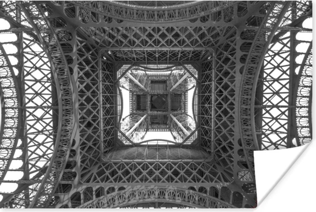 MuchoWow Poster Ansicht des Eiffelturms in Paris von unten - schwarz-weiß 90x60 cm - Schlafzimmer