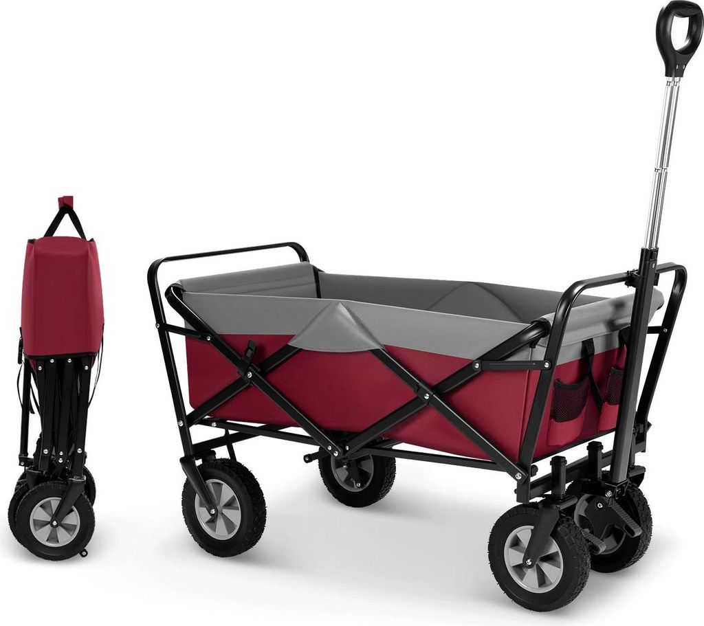 Faltbarer Bollerwagen - Strand-/Gartenwagen - Traglast 80 kg - Robustes 600D-Polyester - Verstellbarer Griff - Seitentaschen - Fuchsia/Grau