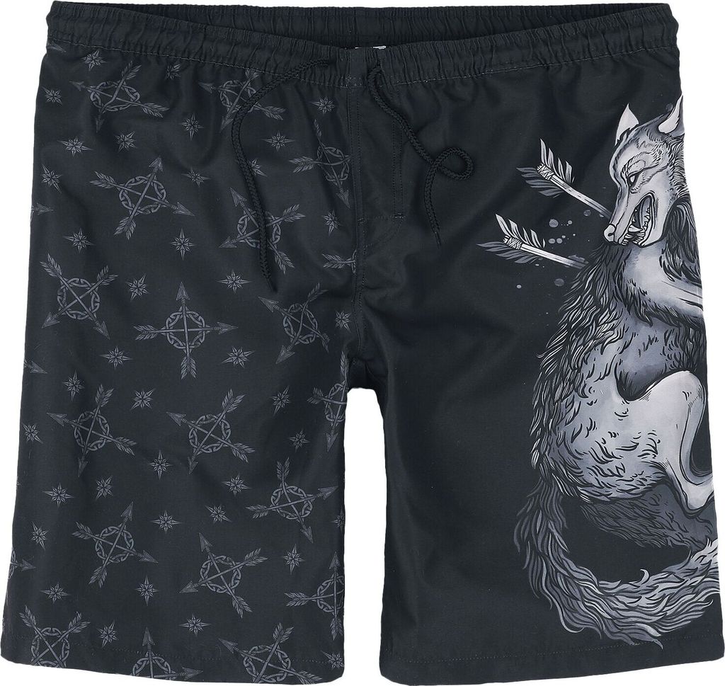 Black Premium by EMP Herren schwarze Badeshorts mit Wolf-Print S