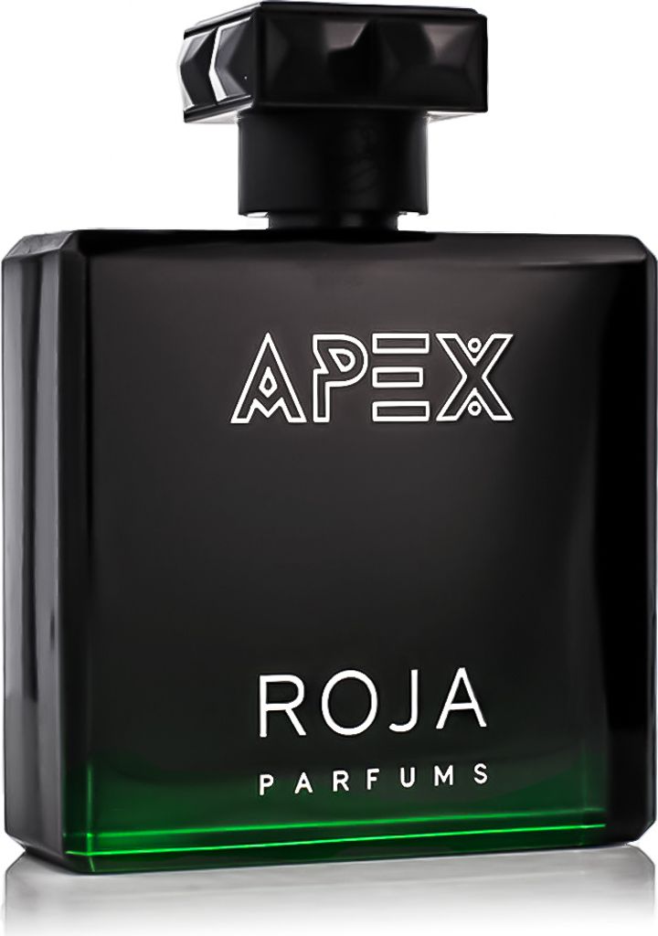 A black perfume bottle with green accents at the bottom, featuring white text.