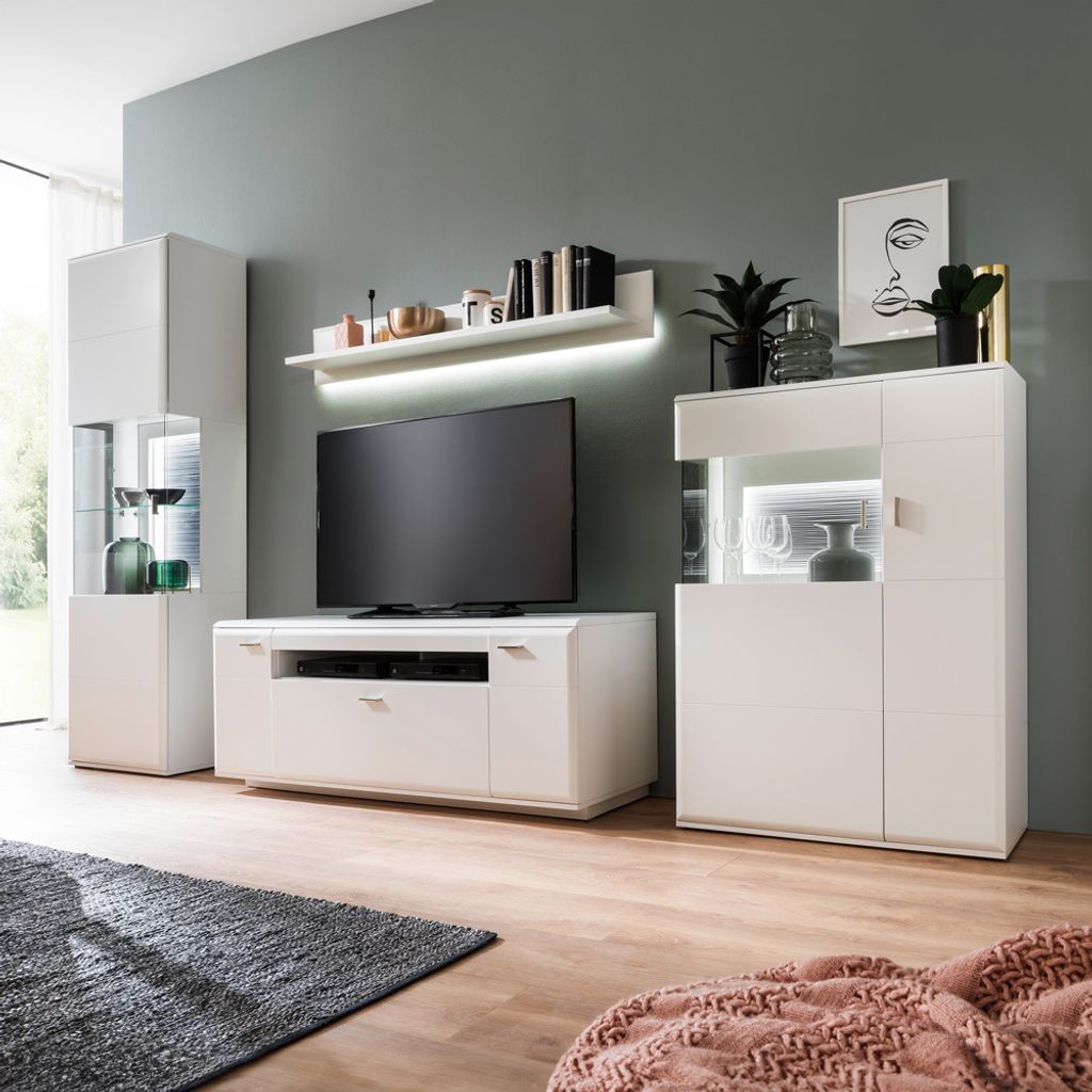 Wohnwand weiß matt ALIA-05 modern 4-teilig mit Lowboard und Vitrinen, inkl. LED Beleuchtung
