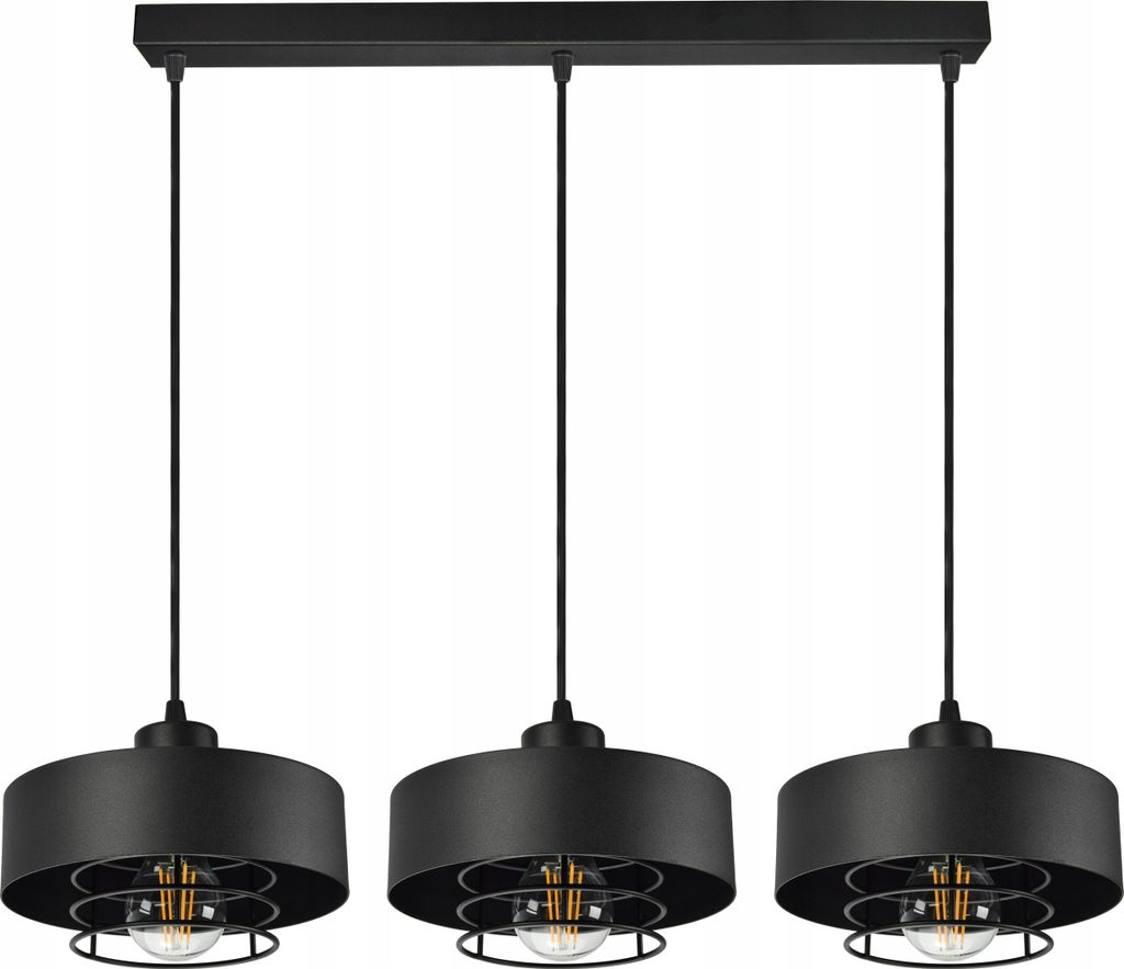 A black three-light pendant lamp with metal shades and exposed bulbs, suspended from a black rectangular bar.