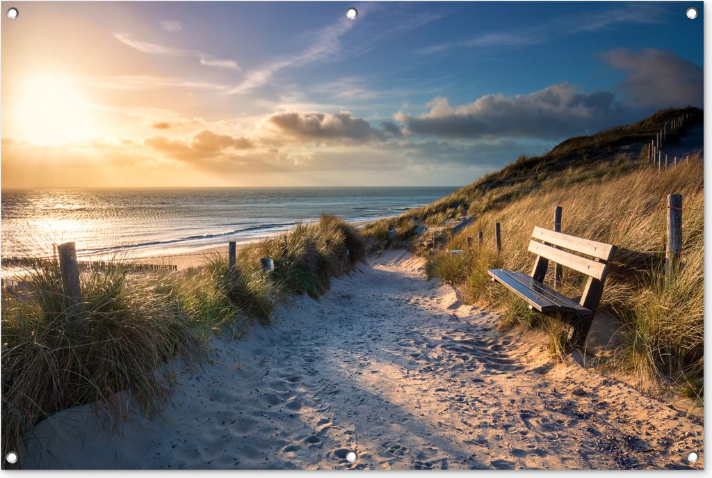 MuchoWow 120x80 cm Outdoor-Poster Gartendeko Sichtschutz Garten Poster für den Garten Sonnenuntergang - Strand - Düne - Gras - Bank