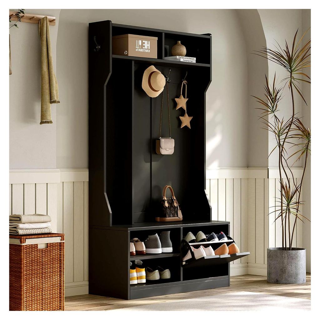 Garderobenset, Flurmöbel, Komplettset mit Sitzbank und Schuhschrank, 6 Haken und Stecktafel, Schwarz, 100x185,5x40 cm