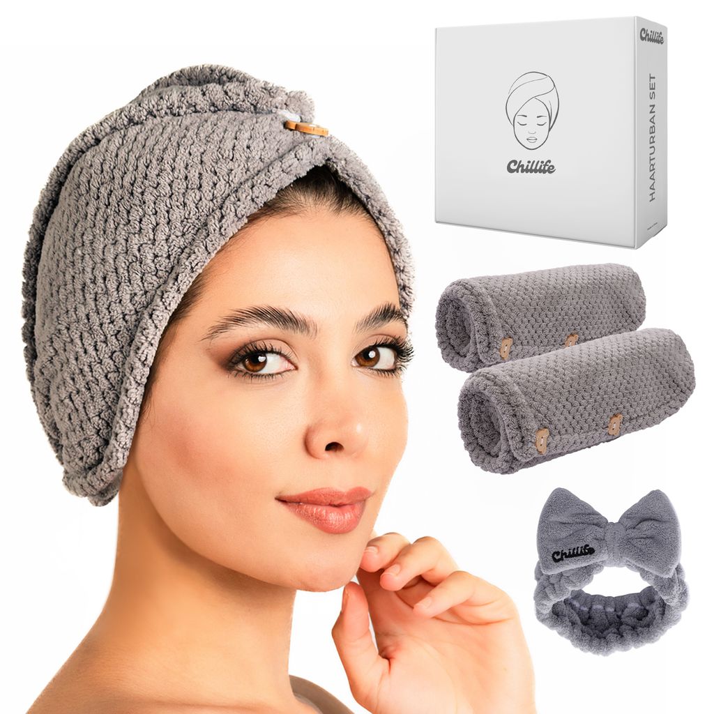 Chillife Premium Haarturban Set I Kopfhandtuch mit Knopf I Mikrofaser Handtuch Set bestehend aus 2 Turbanen und 1 Haarband I Schnelltrocknendes Bad...
