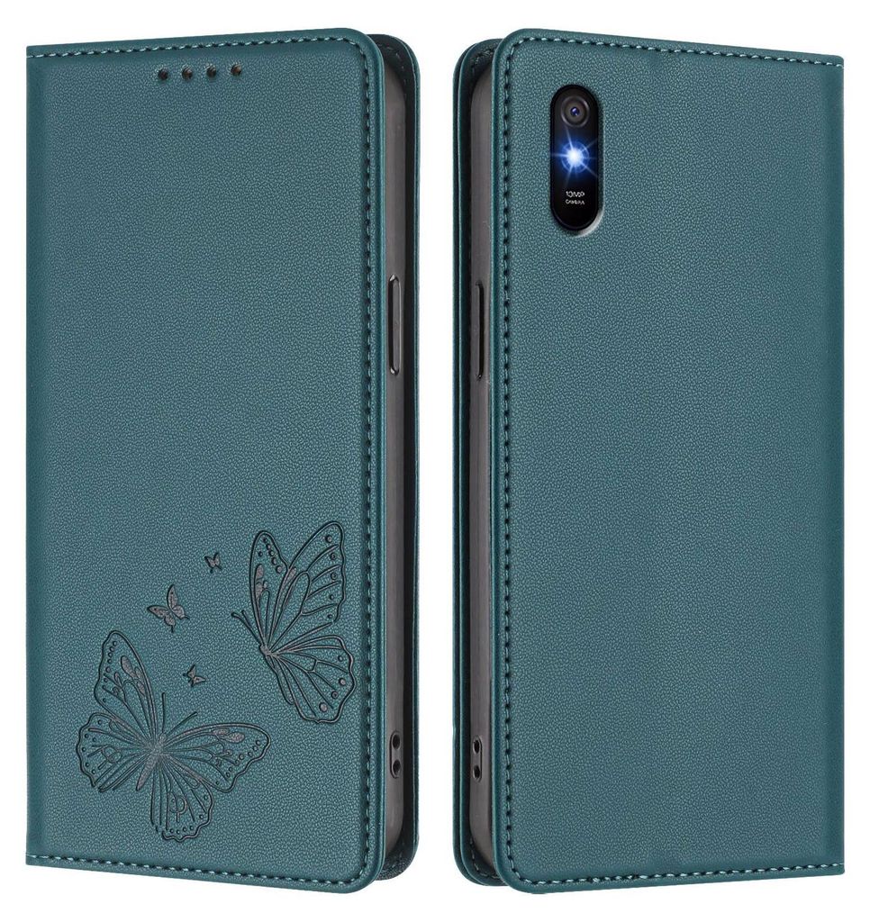 Lederhülle für Xiaomi Redmi 9A, Schmetterling Prägung Leder Brieftasche Schutzhülle mit Ständer Grün