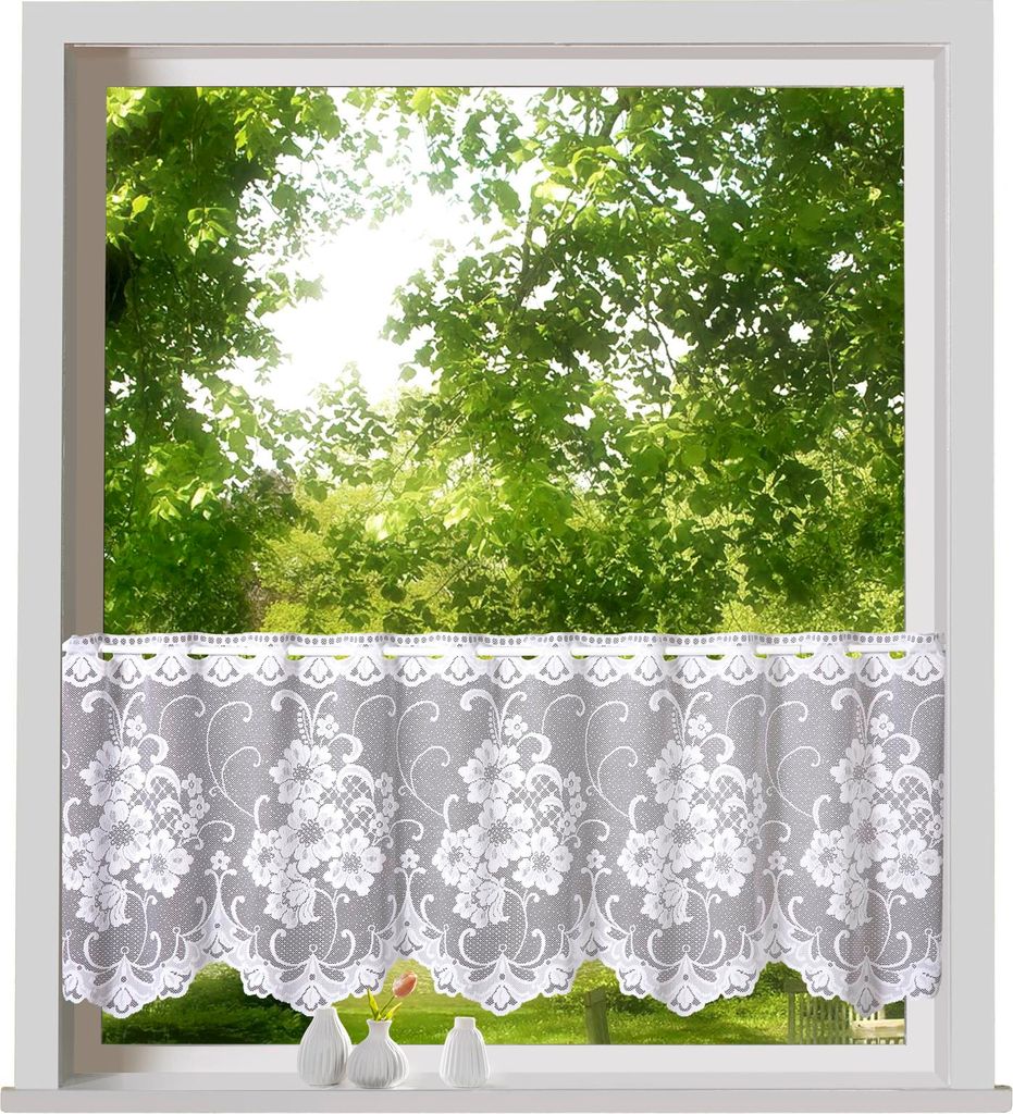 heimtexland ® Scheibengardine Jacquard Blumen Weiß Produktbild 