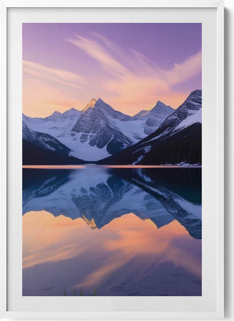 Berg- und Seenlandschaft am Abend– Wandbild mit Rahmen – Gerahmtes Bild – Wanddekoration – 70x100 cm – Weiß Rahmen