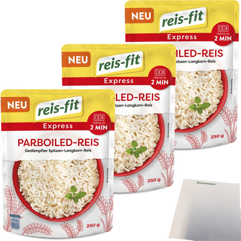Reis-Fit Express Langkorn Parboiled Reis 3er Pack (3x250g Packung) + usy Block