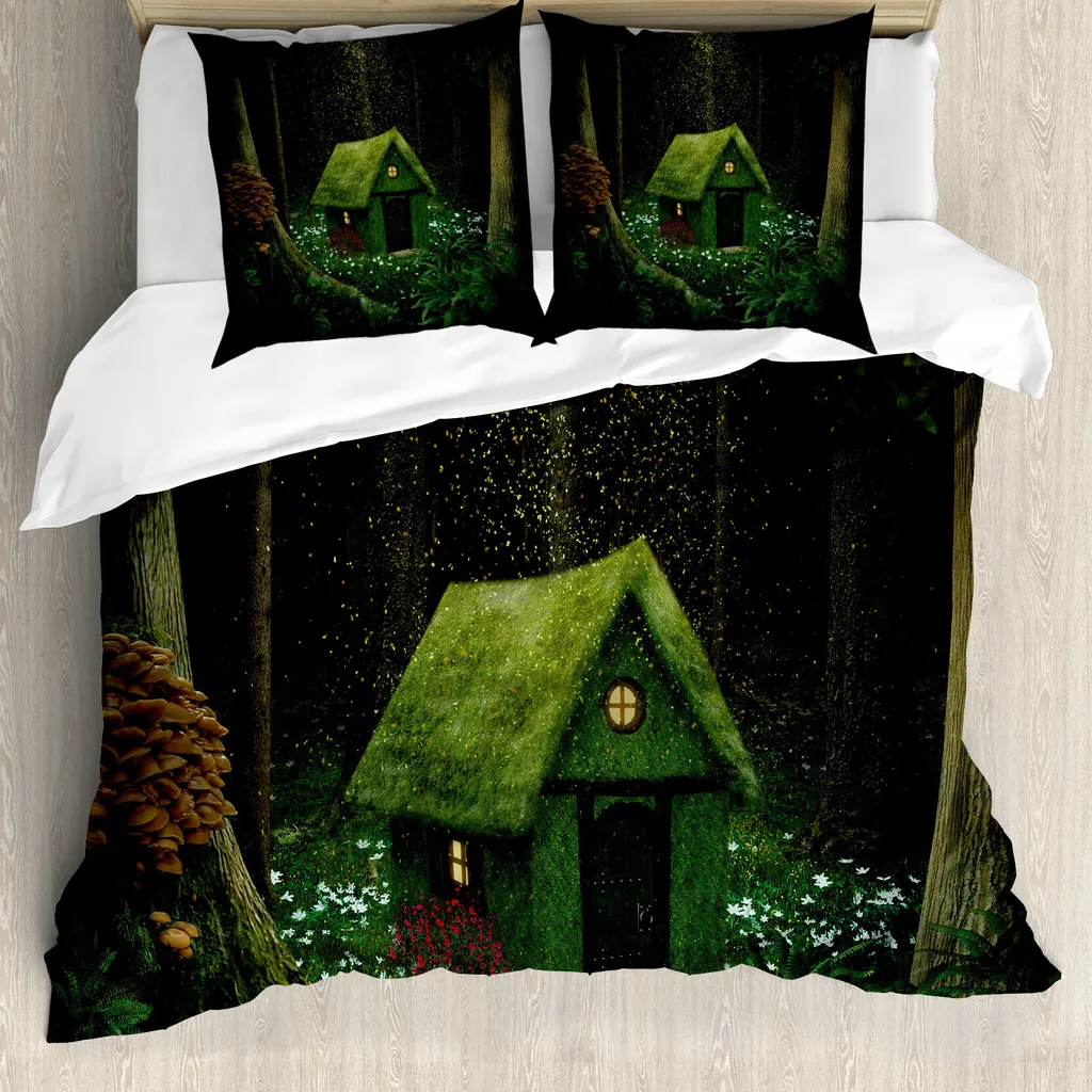 ABAKUHAUS Copripiumino fantasia, Surreal Waldhaus, antiacaro, adatto a chi soffre di allergie, con federe, 155 cm x 220 cm - 80 x 80 cm, verde cacciatore-verde militare