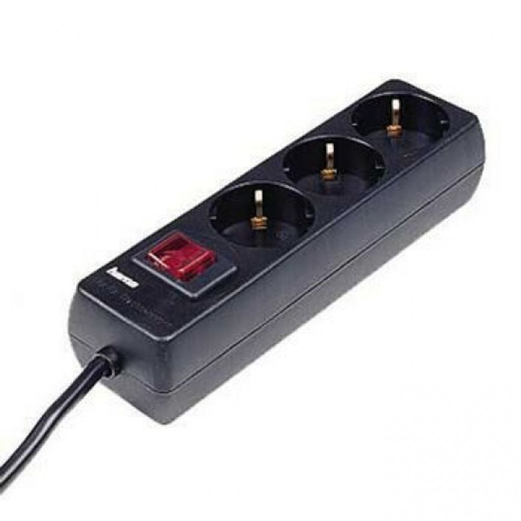 A black power strip with three outlets and a red switch on a white background.