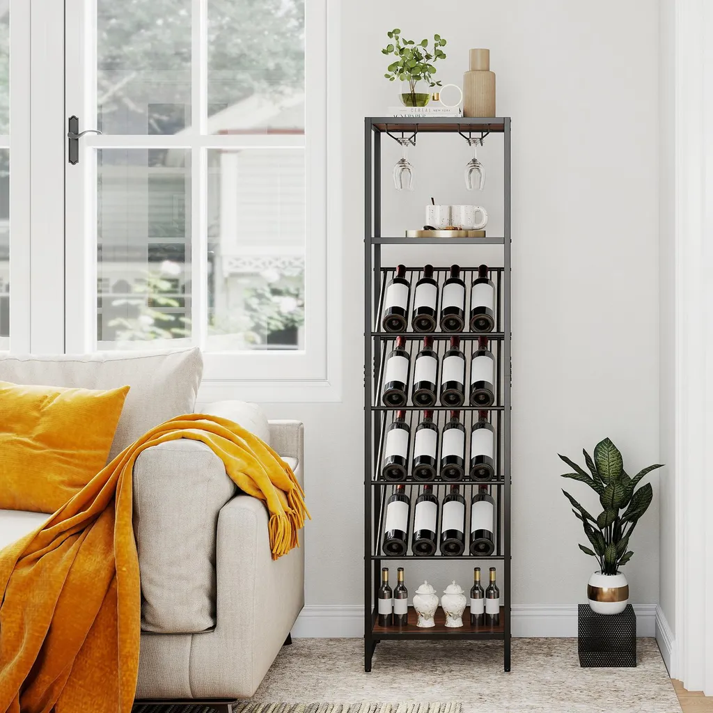 Support à vin noir 16 bouteilles avec 2 étagères et porte-verres