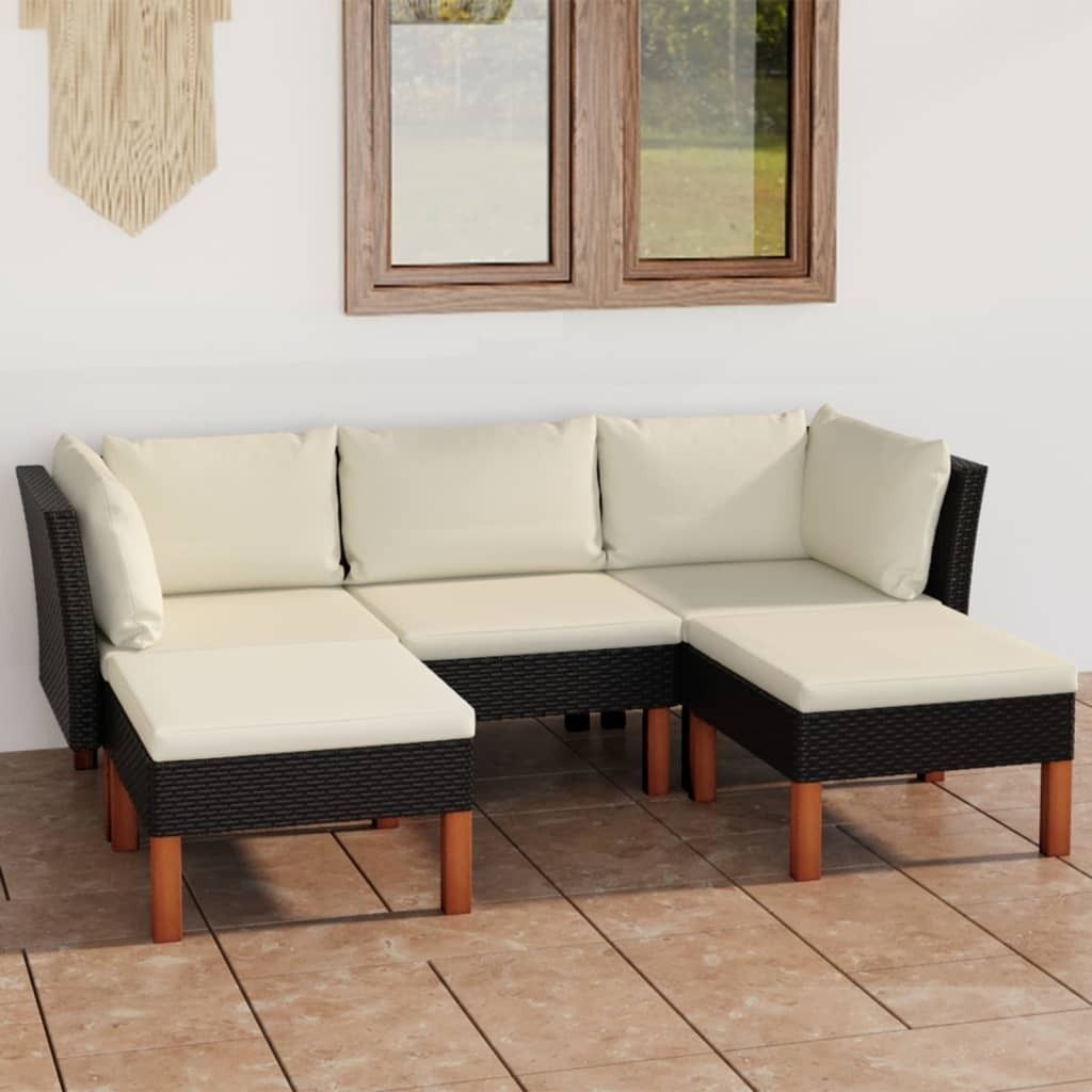 The Living Store 5-tlg. Garten-Lounge-Set mit Kissen Poly Rattan Schwarz