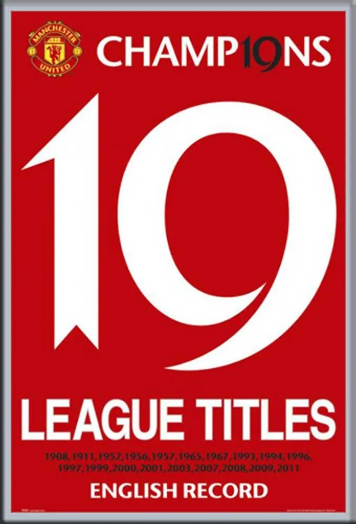 Décoration Murale Manchester United Poster 19 Titres et Cadre Argenté
