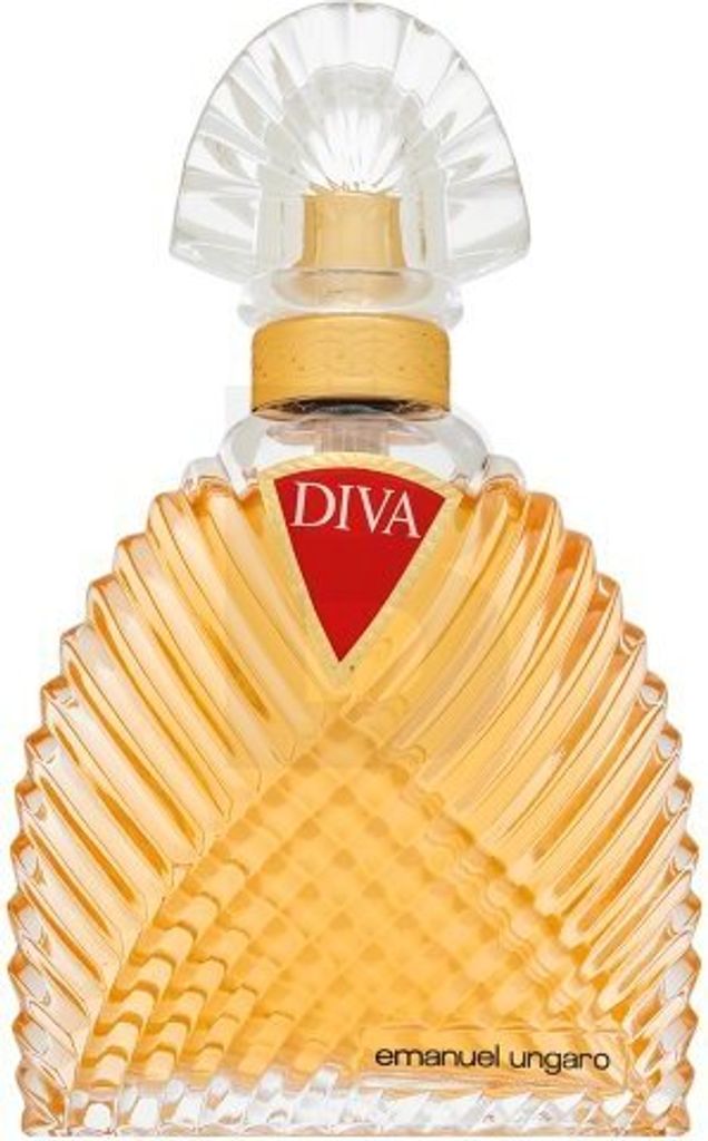 A perfume bottle with a gold liquid and a decorative glass cap.