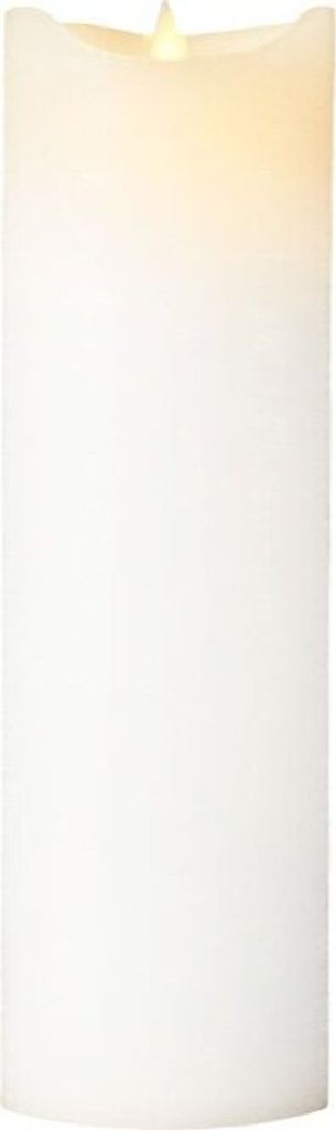 A white LED candle with a lit wick.