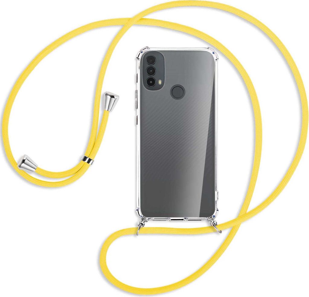 Handykette Backcover-Schutzhülle mit Band (Metall silberfarben) für Motorola Moto E30, Moto E40 - gelb