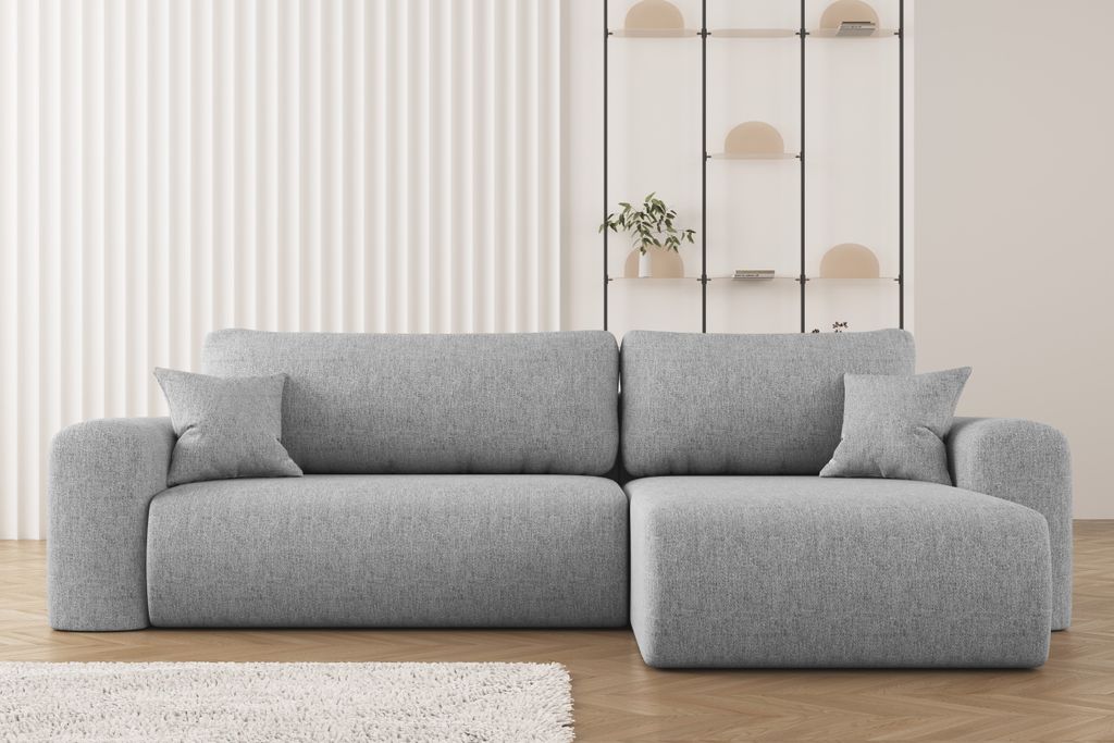 Ecksofa mit Schlaffunktion und Stauraum für Bettzeug, L-förmiges ,Capri Stoff Verita Rechts Grau