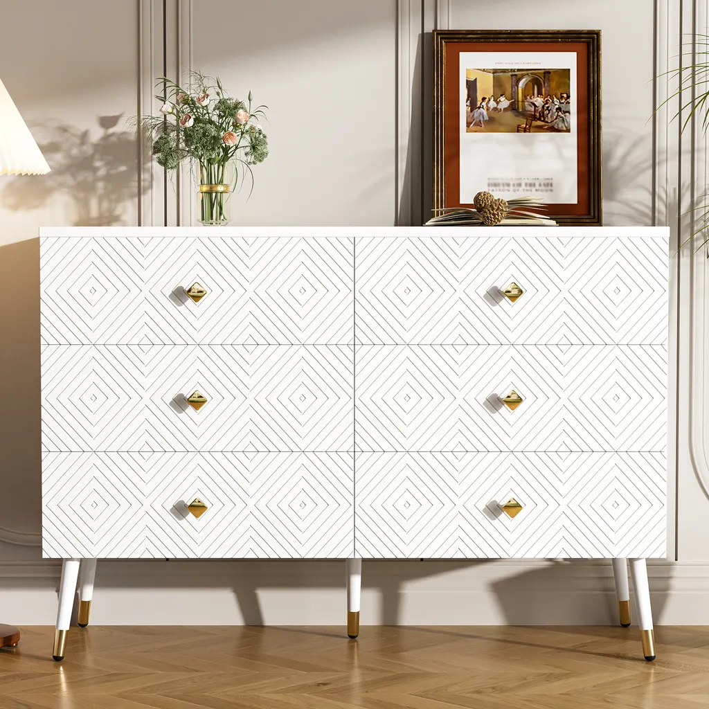 LVHOM Commode 6 Tiroirs Blanc et Pieds Métalliques Style Scandinave