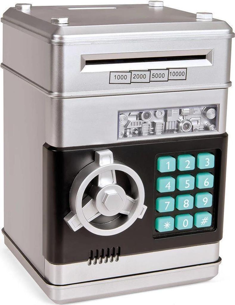 Elektronische Spardose silber / Sparschwein mit Pin - spielerisch Geld sparen