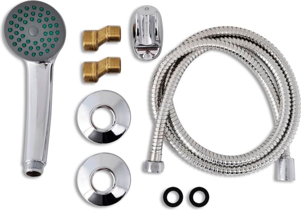 A collection of bathroom shower components laid out on a white background.