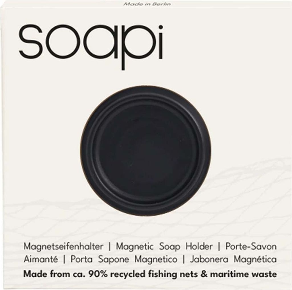 Magnetseifenhalter Schwarz selbstklebend ohne Bohren für festes Shampoo & Seife aus recyceltem Plastik