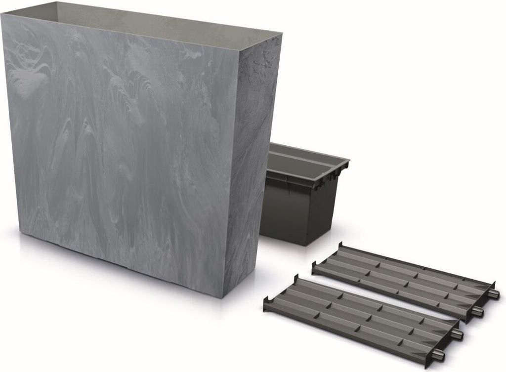 A tall, rectangular planter with a marbled gray finish, a dark gray insert, and two dark gray grates are displayed against a white background.