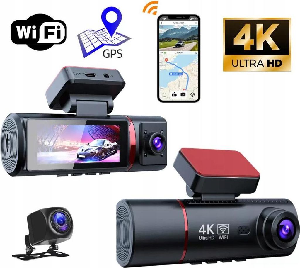 Kamera Samochodowa 3w1 HD 4K Przód Tył i Wnętrze GPS Wi-Fi Zdjęcie produktu 
