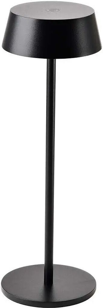 A black table lamp with a round base and a conical shade.