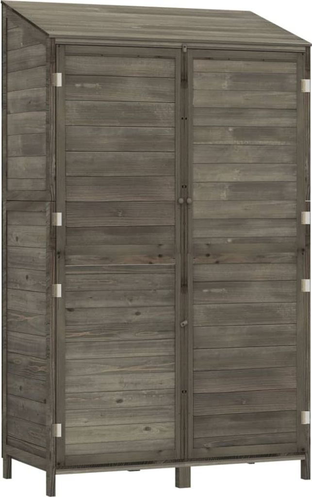 A tall, narrow wooden shed with double doors and a slanted roof, presented against a white background.