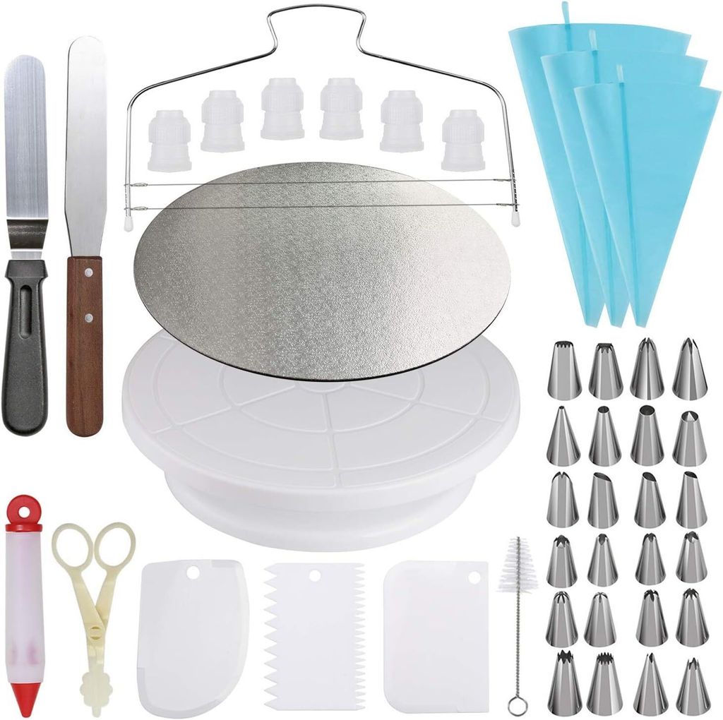 Kuchendekorationsset - Kuchendrehteller und 10-Zoll-Kuchenbrett, 2 Zuckergussspatel, 3 Kuchenschaber, Kuchenpinsel, Kuchenblütenheber, Kuchenstift...
