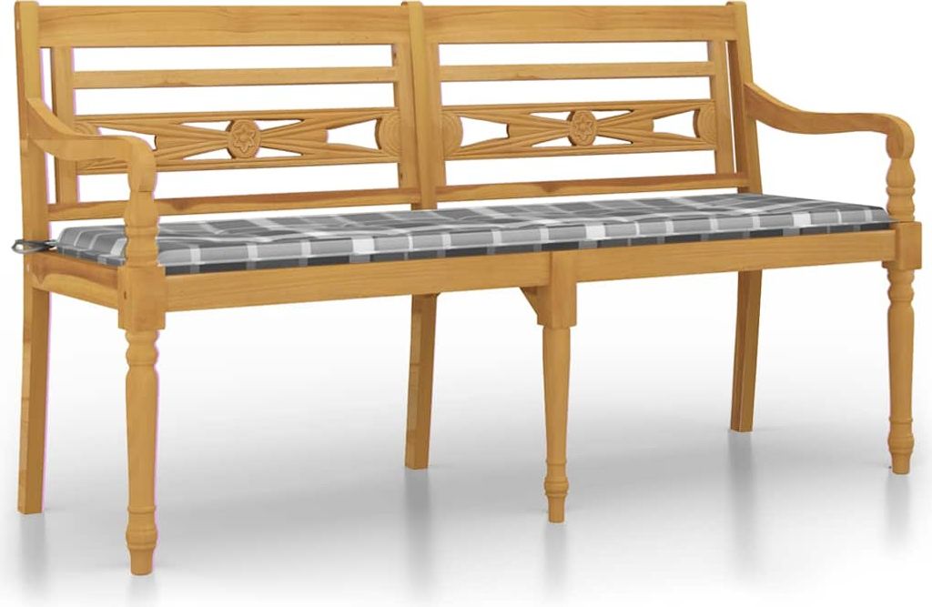vidaXL Batavia-Bank mit Kissen Grau Karomuster 150 cm Massivholz Teak