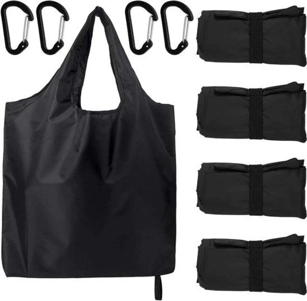 Lot de 4 sacs de courses pliables noirs réutilisables avec mousqueton