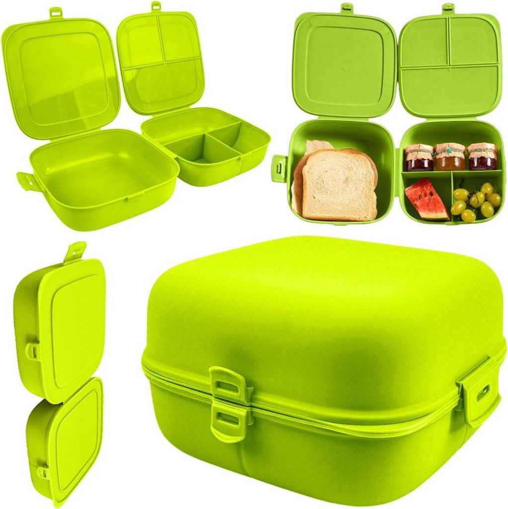A collage of images showing a green lunchbox from different angles and in use.